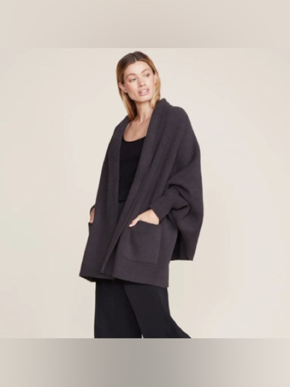 Barefoot Dreams Charcoal Grey Cozy Open-Front Plush Cardigan Pockets Warm Fuzzy - Picture 6 of 13